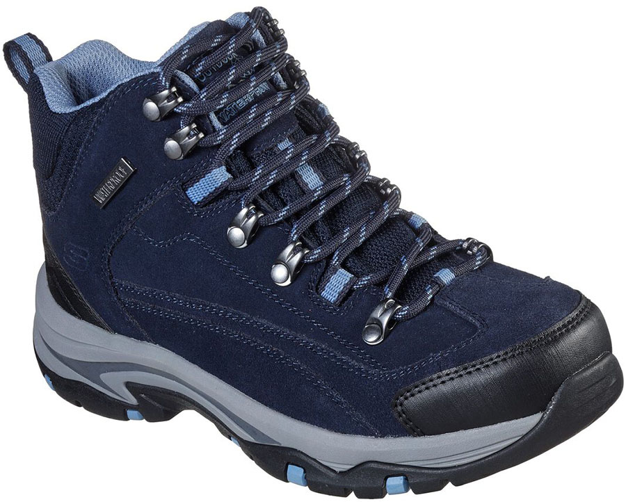 Skechers Relaxed Fit Trego Falls Finest outdoor hiking boots in blue showing comfort features and ankle support design
