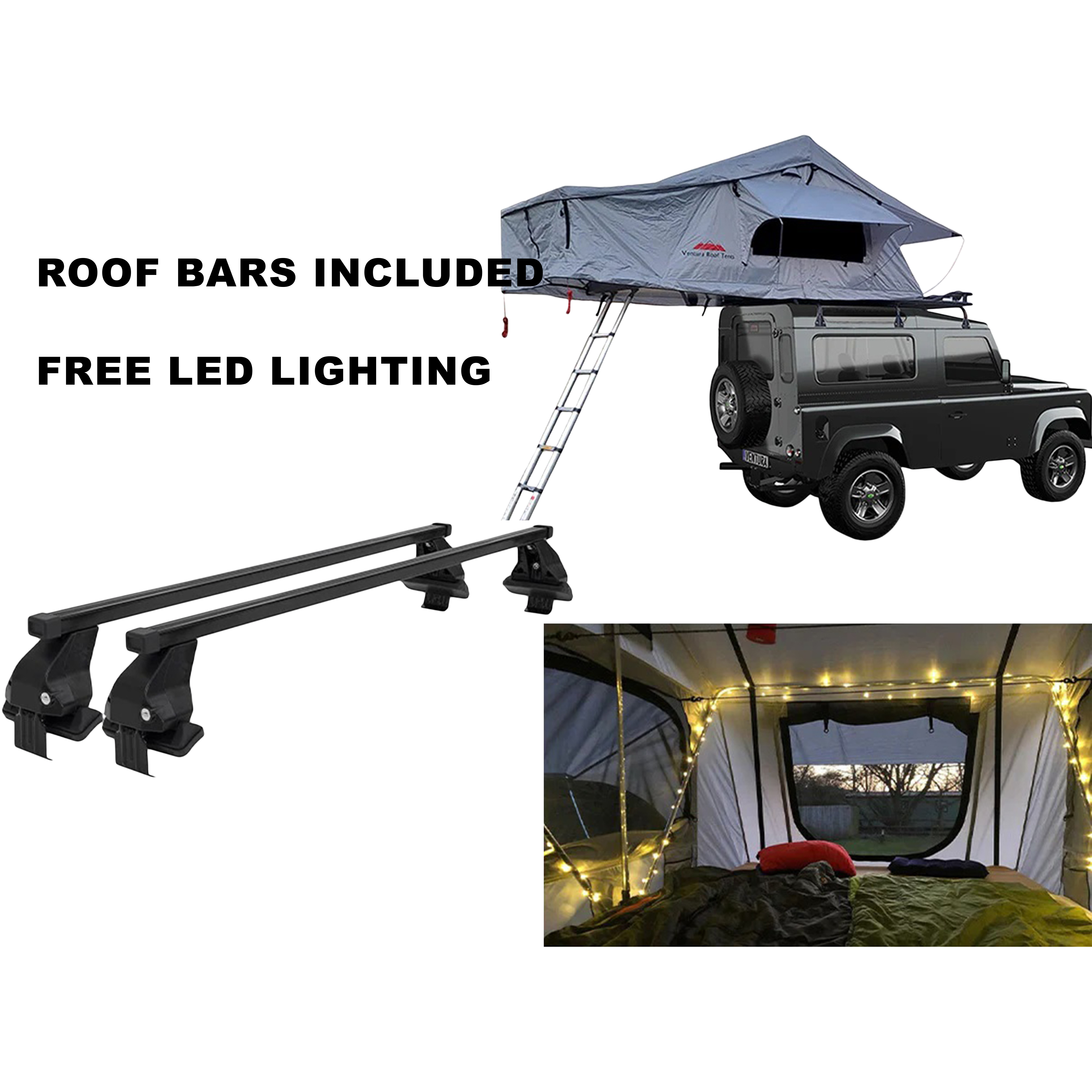 Extended Ventura Deluxe 1.4 Roof Top Tent + Roof Bars + LED Lighting