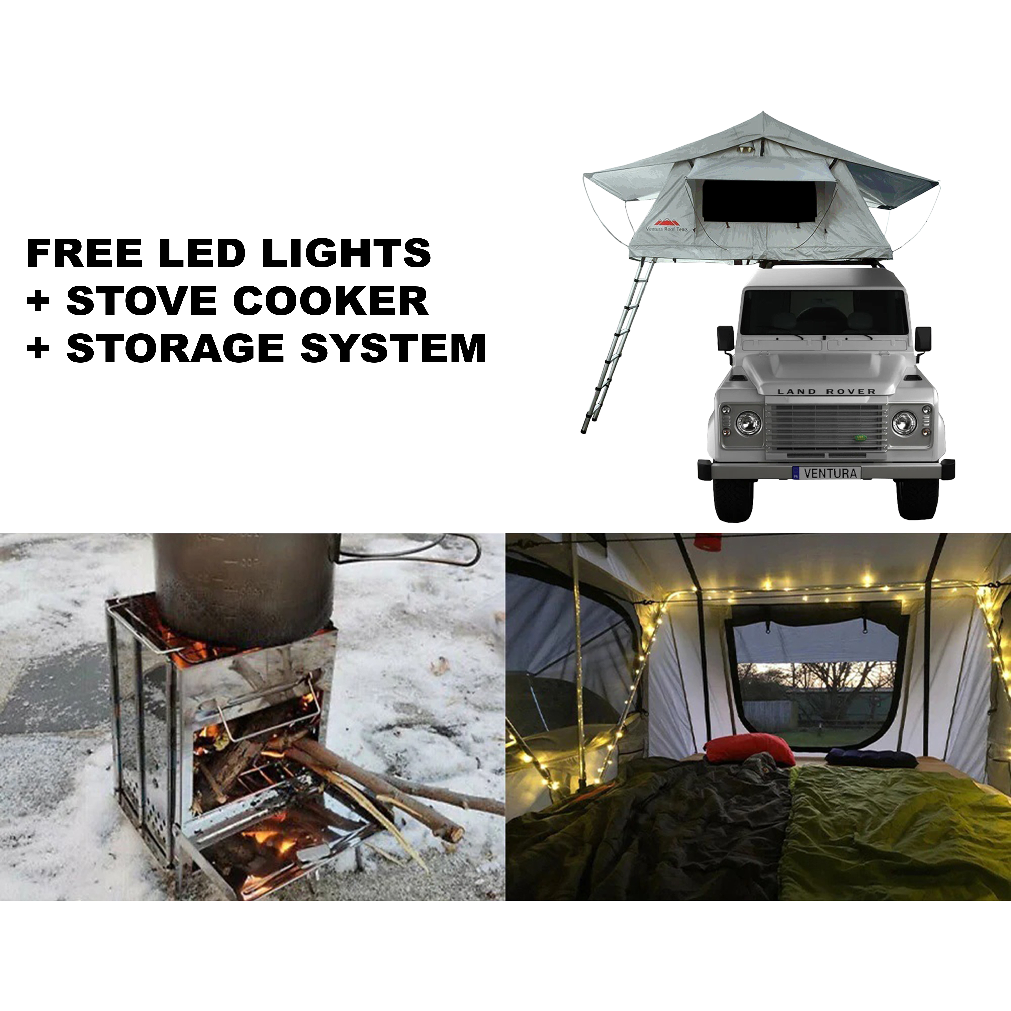 Ventura Deluxe 1.4 Roof Top Tent + Stove Cooker + Storage Hooks + LED Lights
