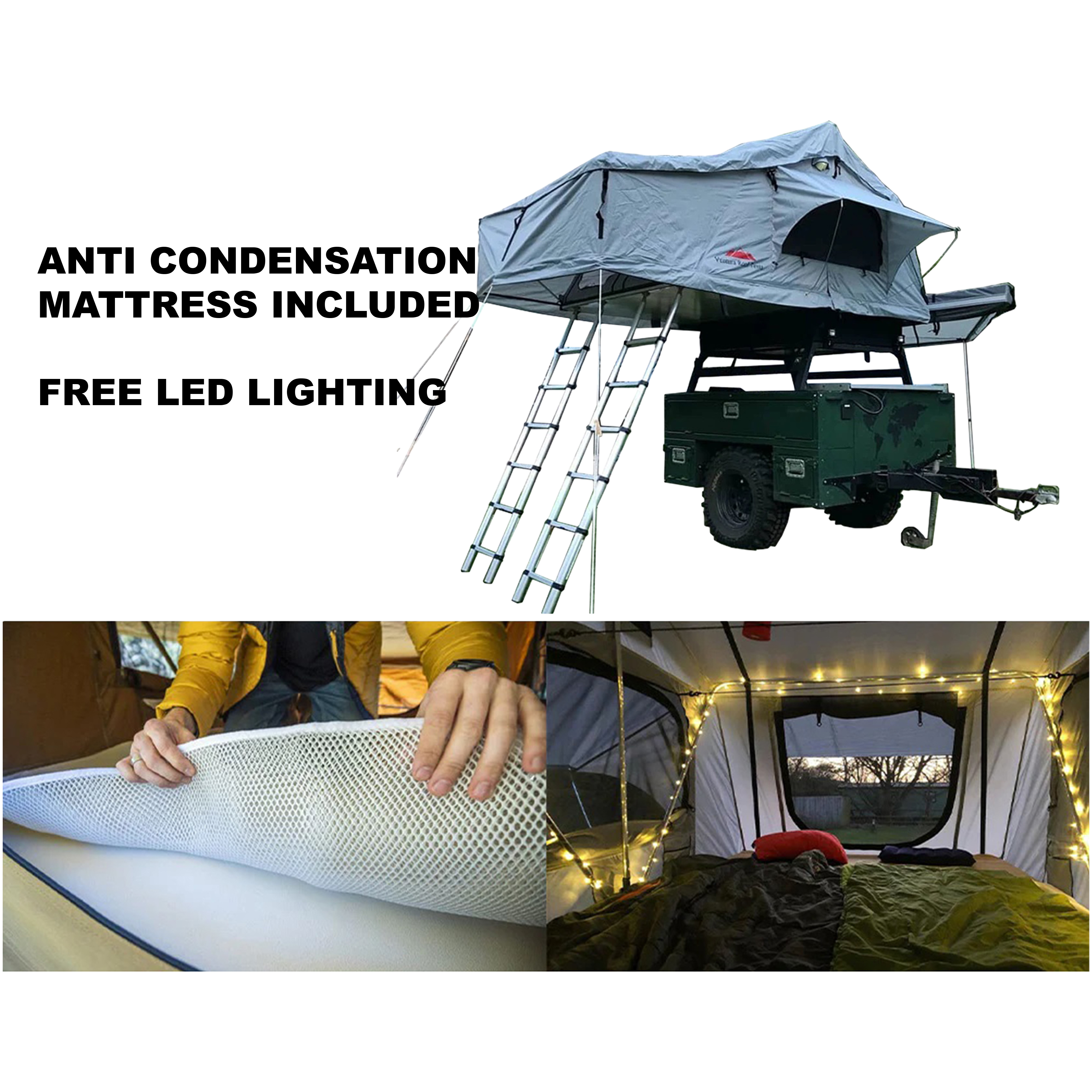 Extended Twin Ladder Ventura Deluxe 1.8 Roof Top Tent + Extra Mattress + LED Lighting