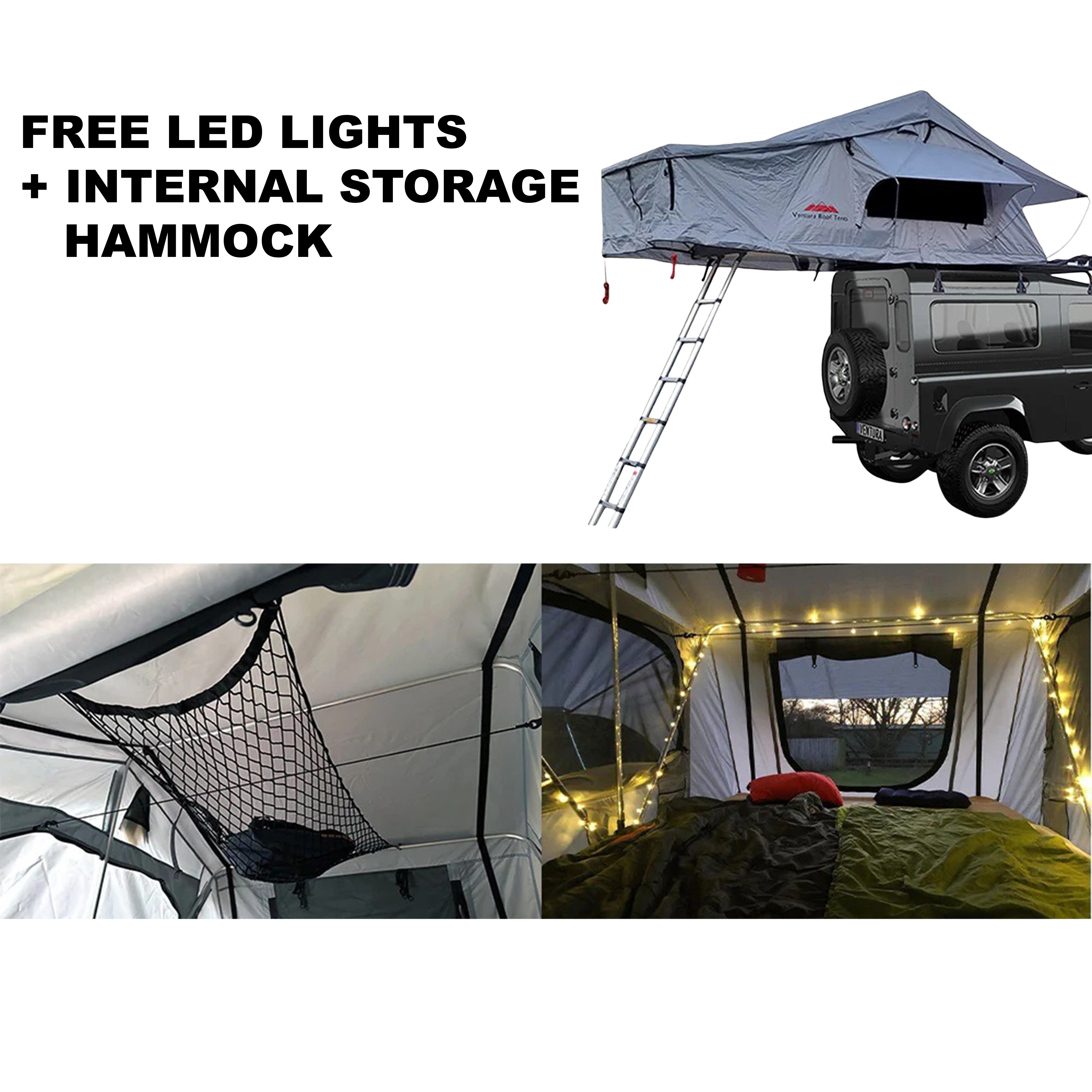 Extended Ventura Deluxe 1.4 Roof Top Tent + LED Lights + Internal Storage Hammock