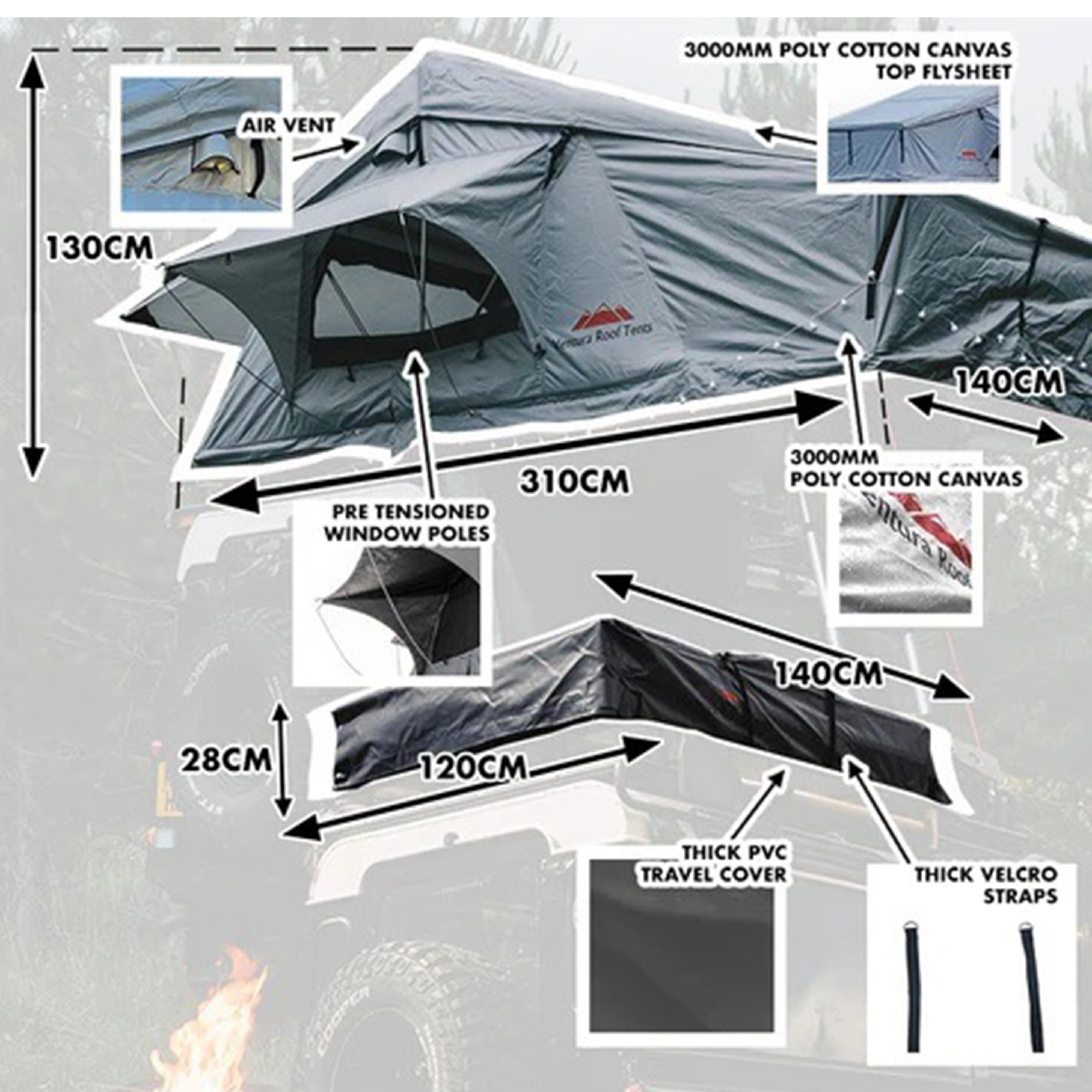 Extended Ventura Deluxe 1.4 Roof Top Tent + Extra Mattress + LED Lighting