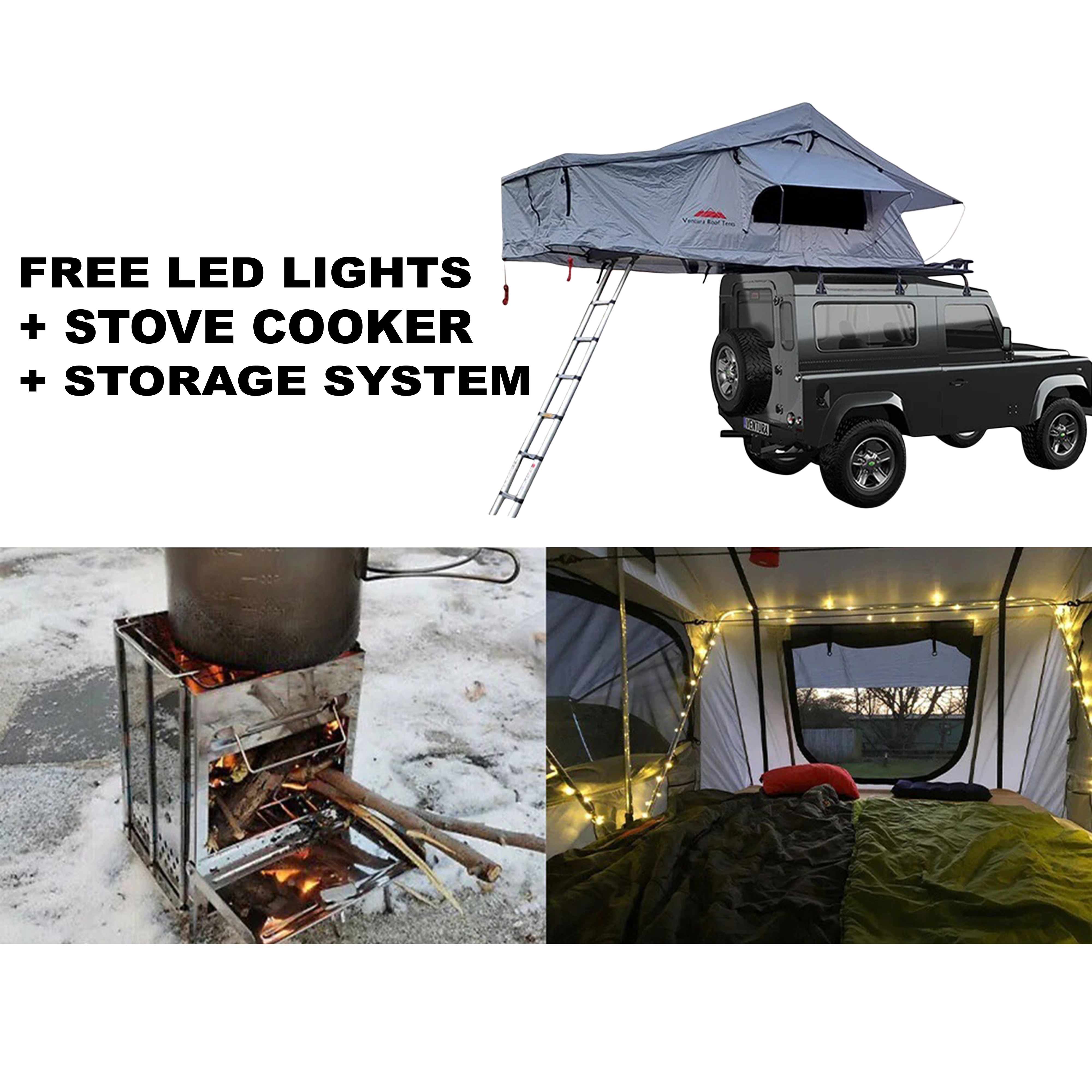Extended Ventura Deluxe 1.4 Roof Top Tent + Stove Cooker + Storage Hooks